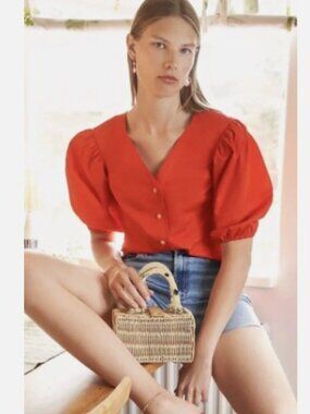 Tory Burch NWT Cotton Poplin V-Neck Blouse with Puff Sleeves RED Size 12